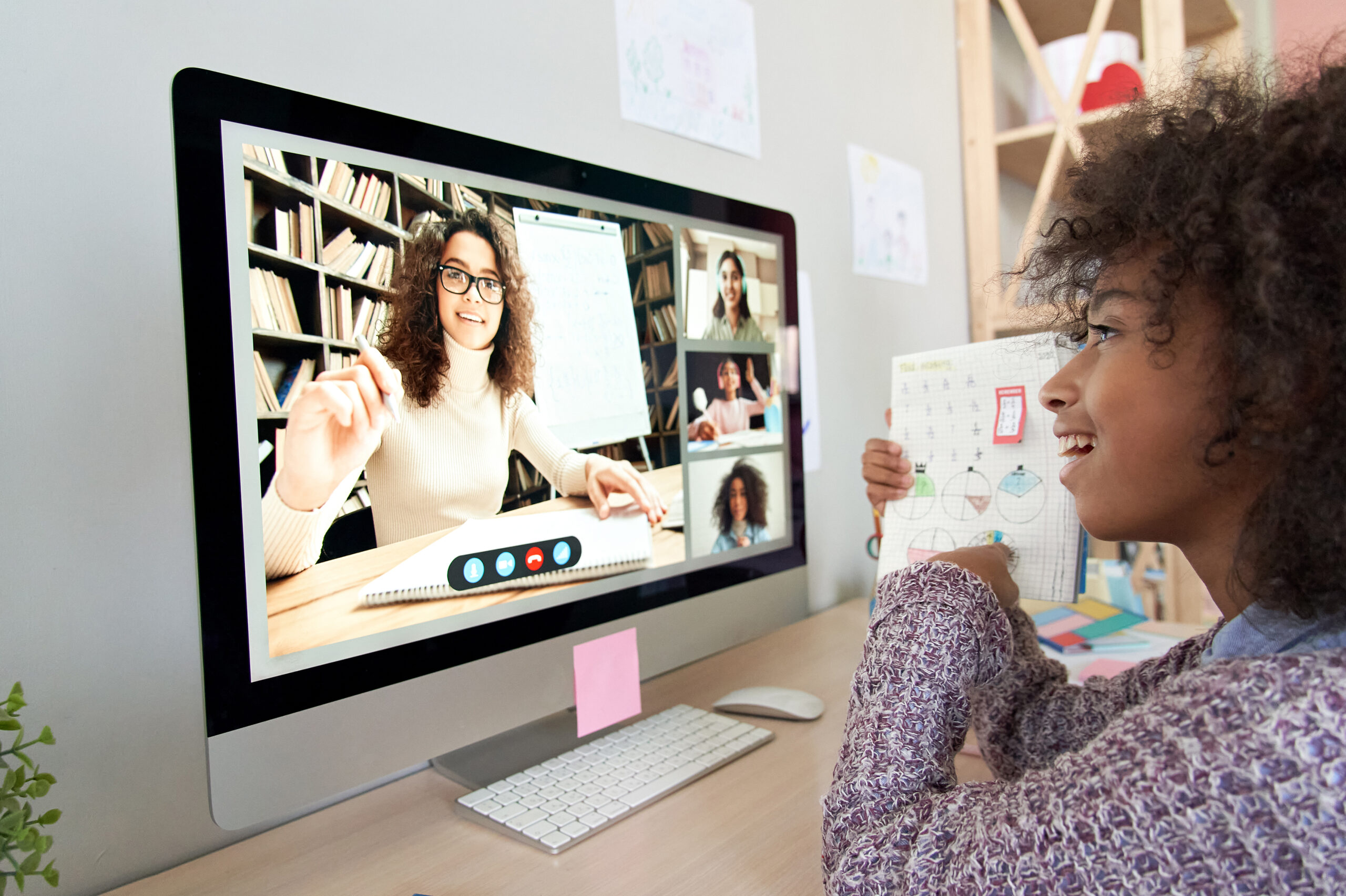 Cute,African,Kid,Child,Girl,Showing,Homework,Talking,To,Remote